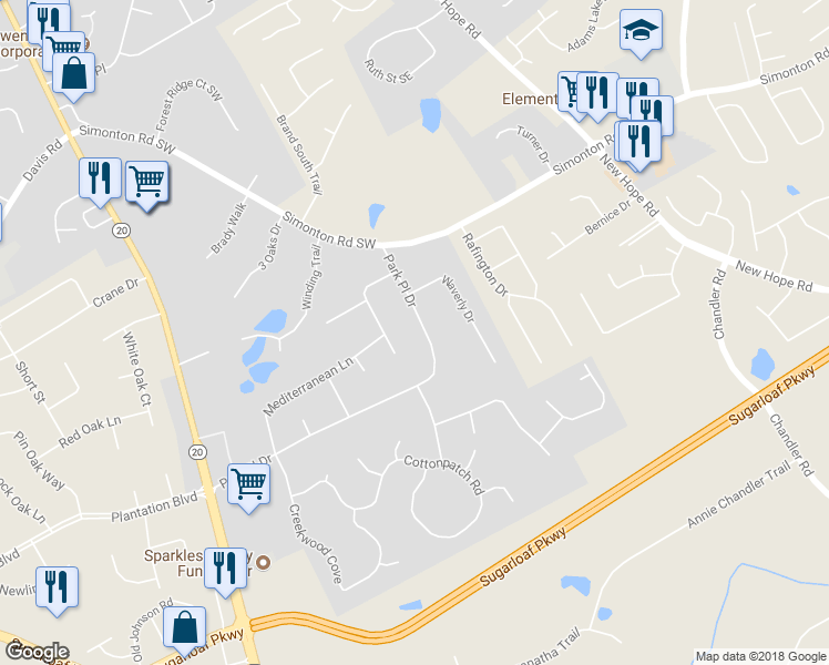 map of restaurants, bars, coffee shops, grocery stores, and more near 91 Park Place Drive in Lawrenceville