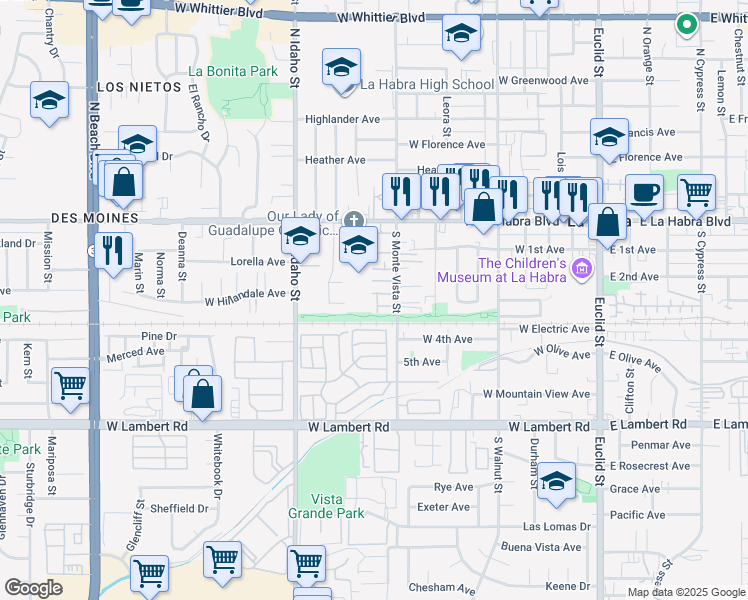 map of restaurants, bars, coffee shops, grocery stores, and more near 345 South Monte Vista Street in La Habra