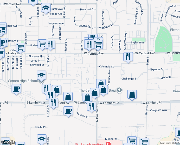 map of restaurants, bars, coffee shops, grocery stores, and more near 666 View Lake Circle in Brea