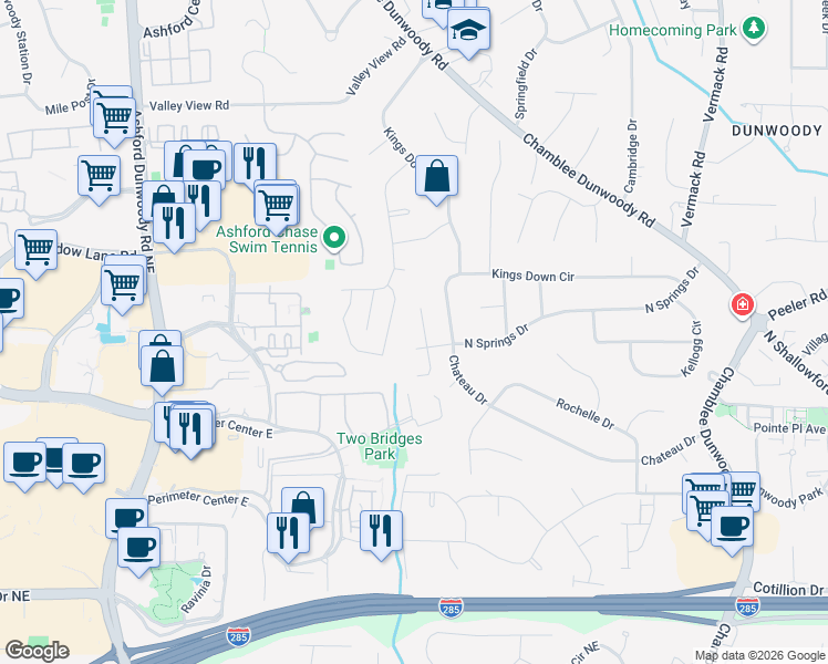 map of restaurants, bars, coffee shops, grocery stores, and more near 4530 Village Springs Place in Dunwoody