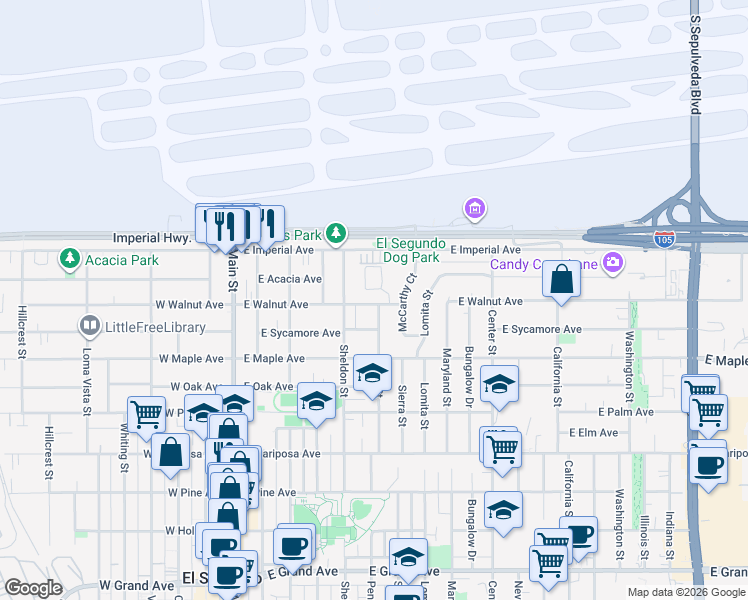 map of restaurants, bars, coffee shops, grocery stores, and more near 535 East Walnut Avenue in El Segundo