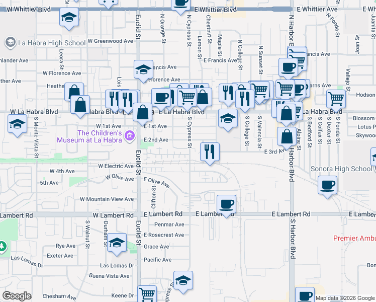 map of restaurants, bars, coffee shops, grocery stores, and more near 355 South Cypress Street in La Habra