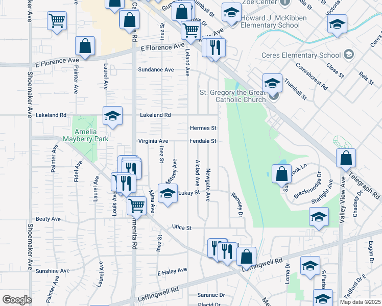 map of restaurants, bars, coffee shops, grocery stores, and more near 11226 Leland Avenue in Whittier
