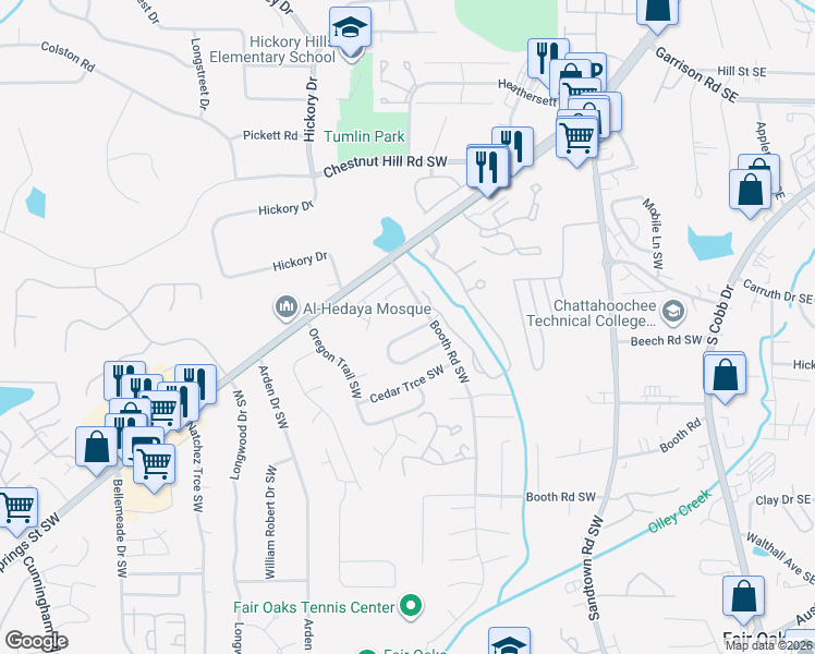 map of restaurants, bars, coffee shops, grocery stores, and more near 441 Booth Circle Southwest in Marietta