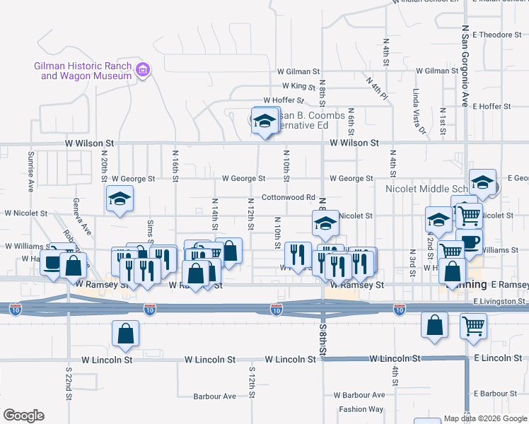 map of restaurants, bars, coffee shops, grocery stores, and more near 1131 West Nicolet Street in Banning