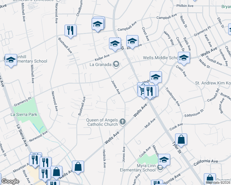 map of restaurants, bars, coffee shops, grocery stores, and more near 5130 Hedrick Avenue in Riverside