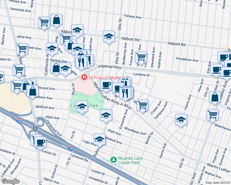 map of restaurants, bars, coffee shops, grocery stores, and more near 11171 Bullis Road in Lynwood