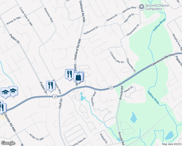 map of restaurants, bars, coffee shops, grocery stores, and more near 190 Oakland Hills Way in Lawrenceville