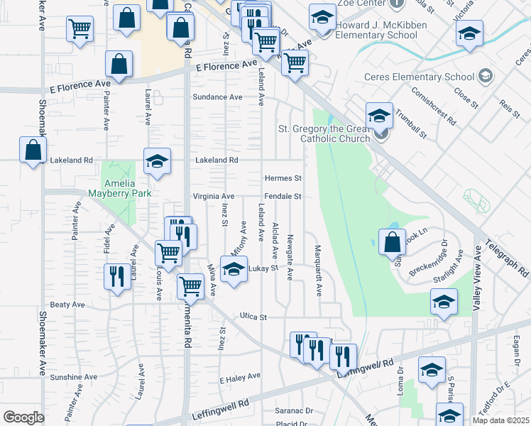 map of restaurants, bars, coffee shops, grocery stores, and more near 11226 Leland Avenue in Whittier