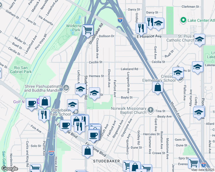map of restaurants, bars, coffee shops, grocery stores, and more near 11405 Elmcroft Avenue in Norwalk
