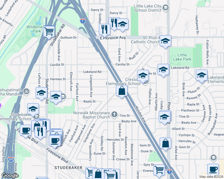 map of restaurants, bars, coffee shops, grocery stores, and more near 11414 Orr and Day Road in Norwalk