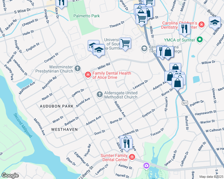 map of restaurants, bars, coffee shops, grocery stores, and more near 406 Robbins Avenue in Sumter