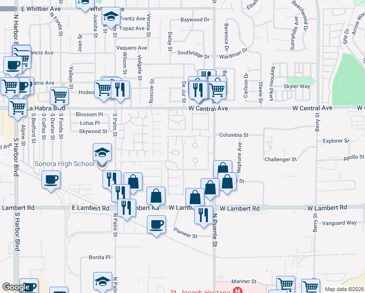 map of restaurants, bars, coffee shops, grocery stores, and more near 625 Crest Lake Circle in Brea