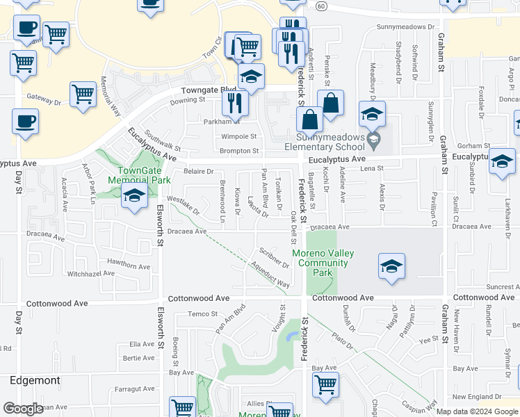 map of restaurants, bars, coffee shops, grocery stores, and more near 13169 Pan Am Boulevard in Moreno Valley