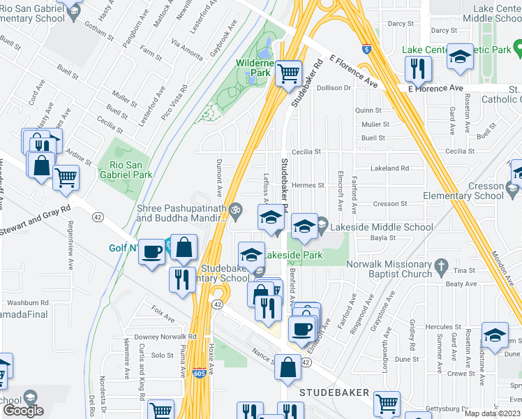 map of restaurants, bars, coffee shops, grocery stores, and more near 10917 Pluton Street in Norwalk