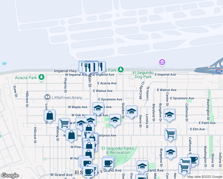 map of restaurants, bars, coffee shops, grocery stores, and more near 312 East Walnut Avenue in El Segundo