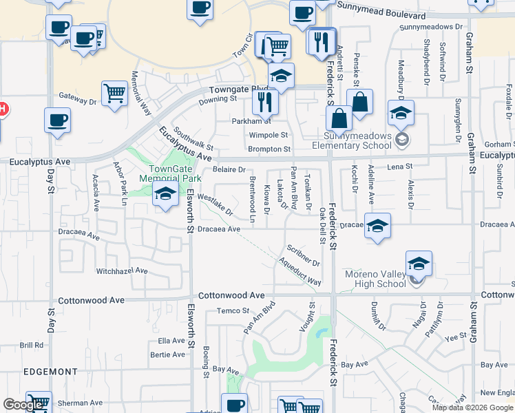 map of restaurants, bars, coffee shops, grocery stores, and more near 13213 Kiowa Drive in Moreno Valley