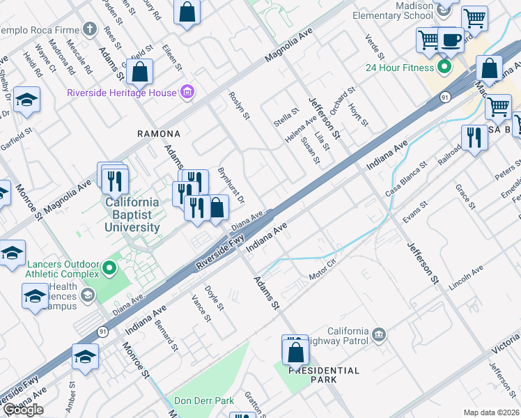 map of restaurants, bars, coffee shops, grocery stores, and more near 8211 Diana Avenue in Riverside