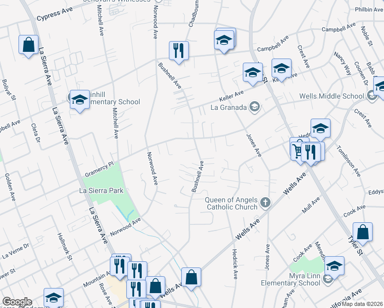 map of restaurants, bars, coffee shops, grocery stores, and more near 5214 Bushnell Avenue in Riverside