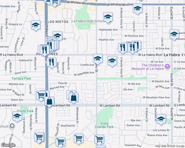 map of restaurants, bars, coffee shops, grocery stores, and more near 1230 West Hillandale Avenue in La Habra