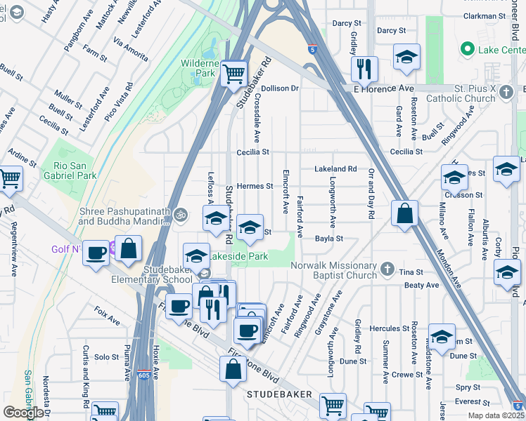 map of restaurants, bars, coffee shops, grocery stores, and more near 11424 Dalwood Avenue in Norwalk