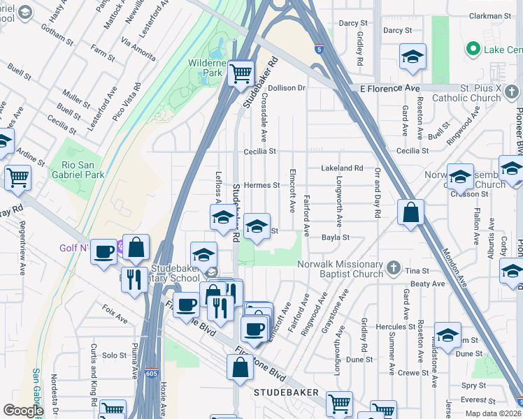 map of restaurants, bars, coffee shops, grocery stores, and more near 11424 Benfield Avenue in Norwalk