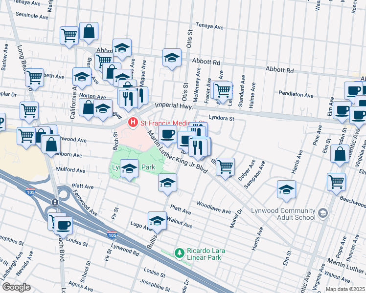 map of restaurants, bars, coffee shops, grocery stores, and more near in Lynwood
