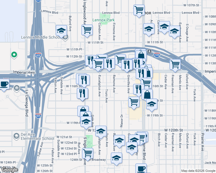 map of restaurants, bars, coffee shops, grocery stores, and more near 12726 South Truro Avenue in Hawthorne