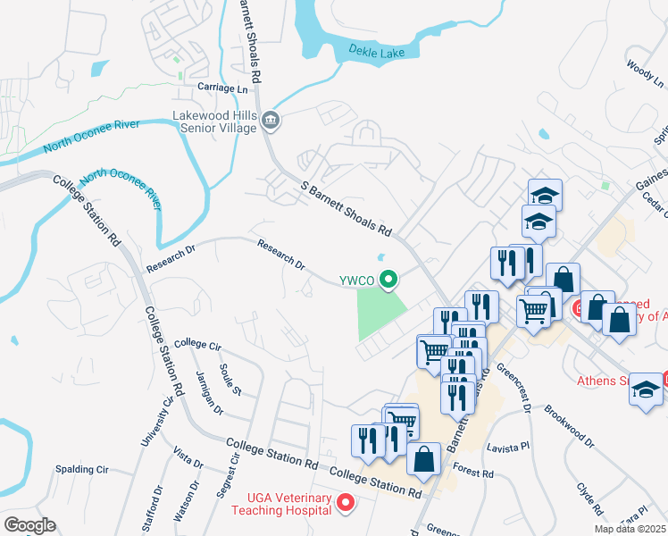 map of restaurants, bars, coffee shops, grocery stores, and more near 420-560 Research Drive in Athens