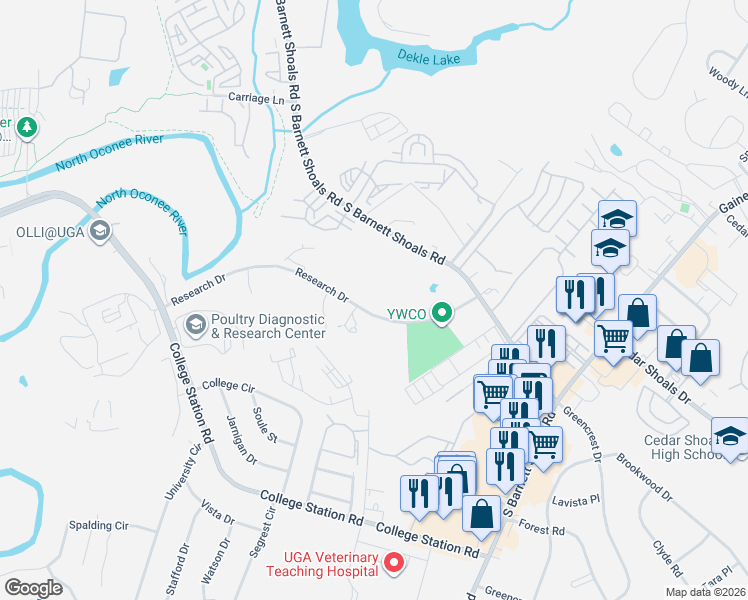 map of restaurants, bars, coffee shops, grocery stores, and more near 345 Research Drive in Athens