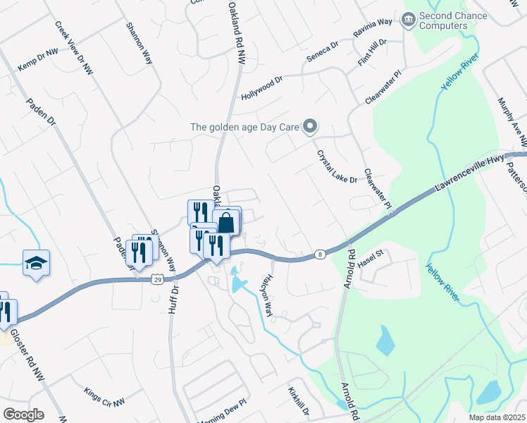 map of restaurants, bars, coffee shops, grocery stores, and more near 190 Oakland Hills Way in Lawrenceville