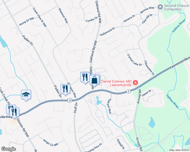 map of restaurants, bars, coffee shops, grocery stores, and more near 322 Oaktown Court in Lawrenceville