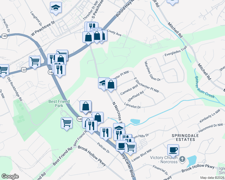 map of restaurants, bars, coffee shops, grocery stores, and more near 609 North Norcross Tucker Road in Norcross