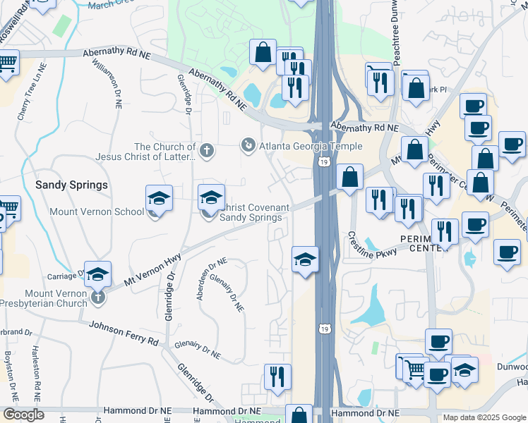 map of restaurants, bars, coffee shops, grocery stores, and more near 802 Mount Vernon Highway in Sandy Springs