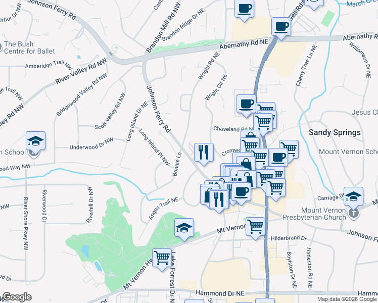 map of restaurants, bars, coffee shops, grocery stores, and more near 35 High Top Road in Sandy Springs