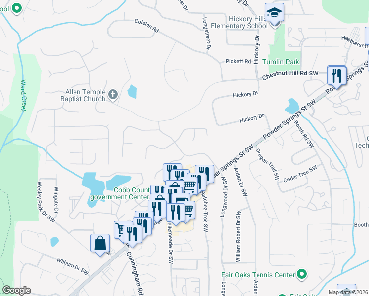 map of restaurants, bars, coffee shops, grocery stores, and more near 980 Laurel Springs Lane Southwest in Marietta