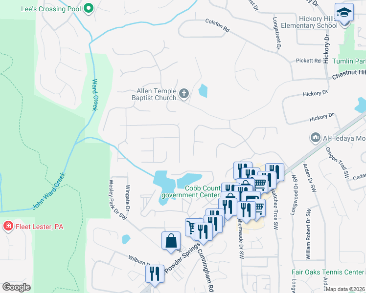 map of restaurants, bars, coffee shops, grocery stores, and more near 922 Denmeade Walk Southwest in Marietta