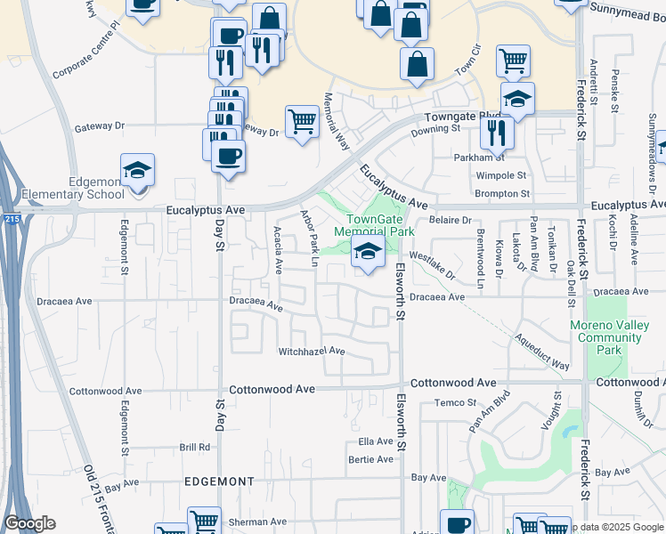 map of restaurants, bars, coffee shops, grocery stores, and more near 13224 Yellowwood Street in Moreno Valley