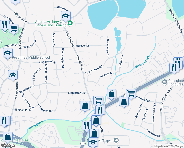 map of restaurants, bars, coffee shops, grocery stores, and more near 4584 Madison Place Lane East in Atlanta