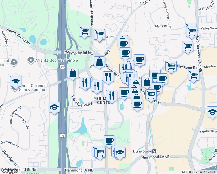 map of restaurants, bars, coffee shops, grocery stores, and more near 6355 Peachtree Dunwoody Road in Atlanta