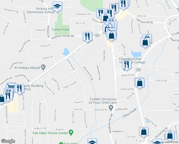 map of restaurants, bars, coffee shops, grocery stores, and more near 1115 Brownstone Drive Southwest in Marietta