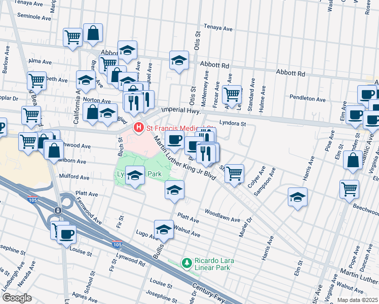 map of restaurants, bars, coffee shops, grocery stores, and more near 11171 Bullis Road in Lynwood