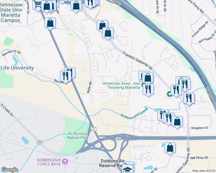 map of restaurants, bars, coffee shops, grocery stores, and more near 991 Wylie Road in Marietta