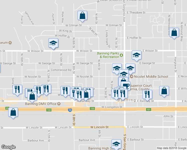 map of restaurants, bars, coffee shops, grocery stores, and more near 485 West Nicolet Street in Banning