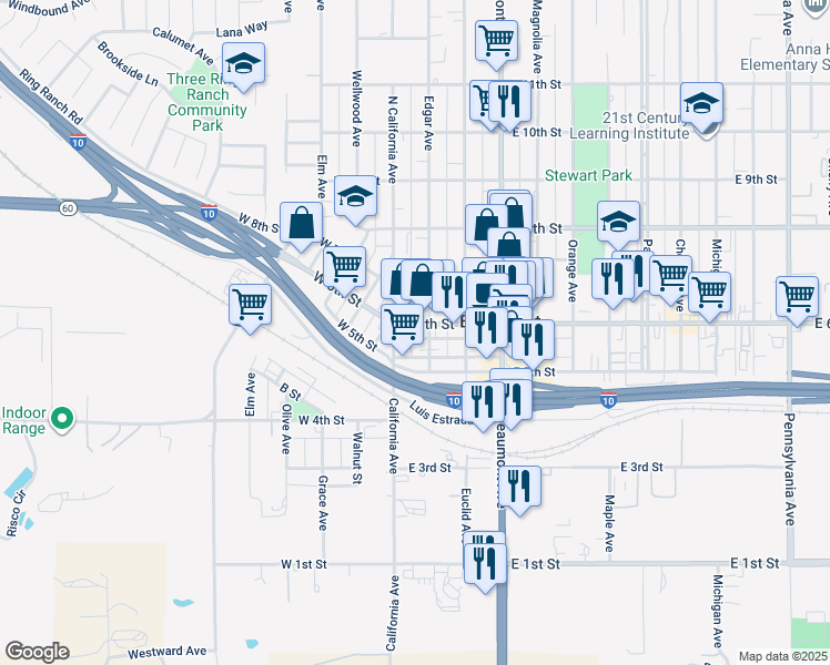 map of restaurants, bars, coffee shops, grocery stores, and more near 531 Edgar Avenue in Beaumont