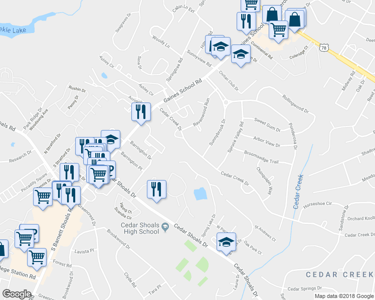 map of restaurants, bars, coffee shops, grocery stores, and more near 160 Cedar Creek Drive in Athens