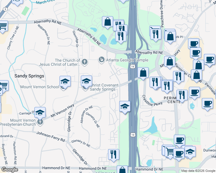 map of restaurants, bars, coffee shops, grocery stores, and more near 760 Mount Vernon Highway Northeast in Atlanta