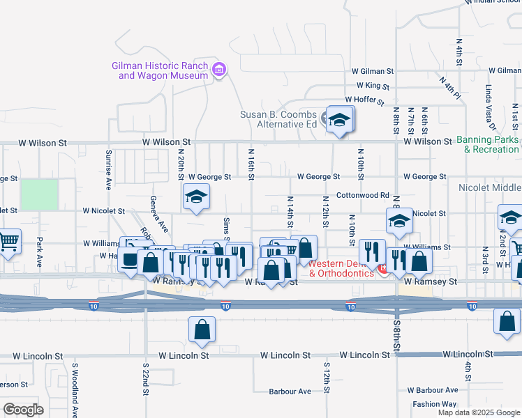 map of restaurants, bars, coffee shops, grocery stores, and more near 1551 West Nicolet Street in Banning