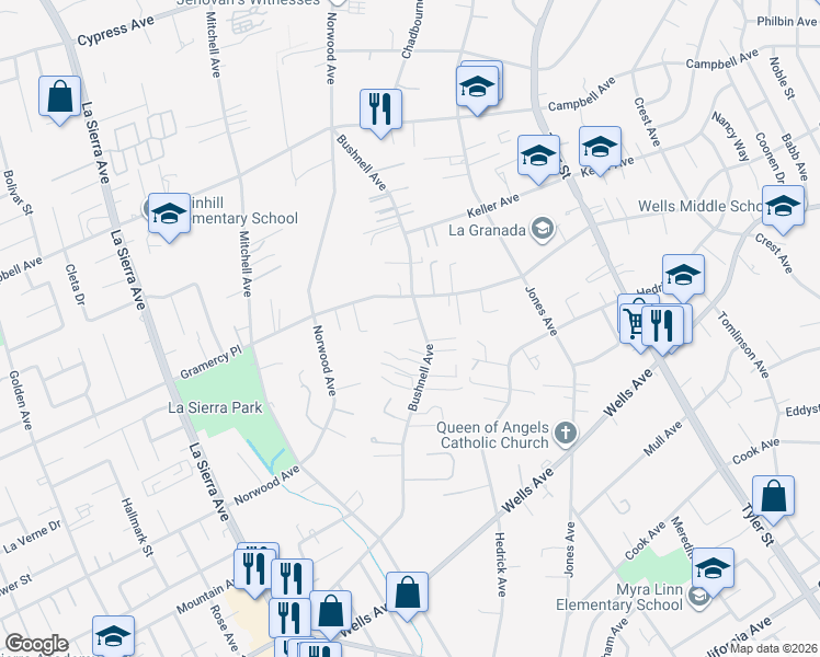 map of restaurants, bars, coffee shops, grocery stores, and more near 5214 Bushnell Avenue in Riverside