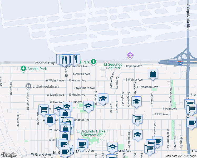 map of restaurants, bars, coffee shops, grocery stores, and more near 849 Sheldon Street in El Segundo